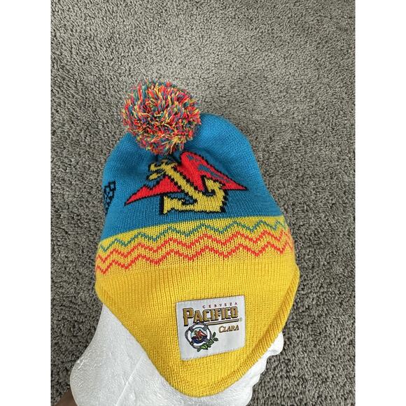 Pacifico Clara Hat Trapper Hat Pom Pom Knit Geometric Yellow Blue One Size Mens - Picture 5 of 9